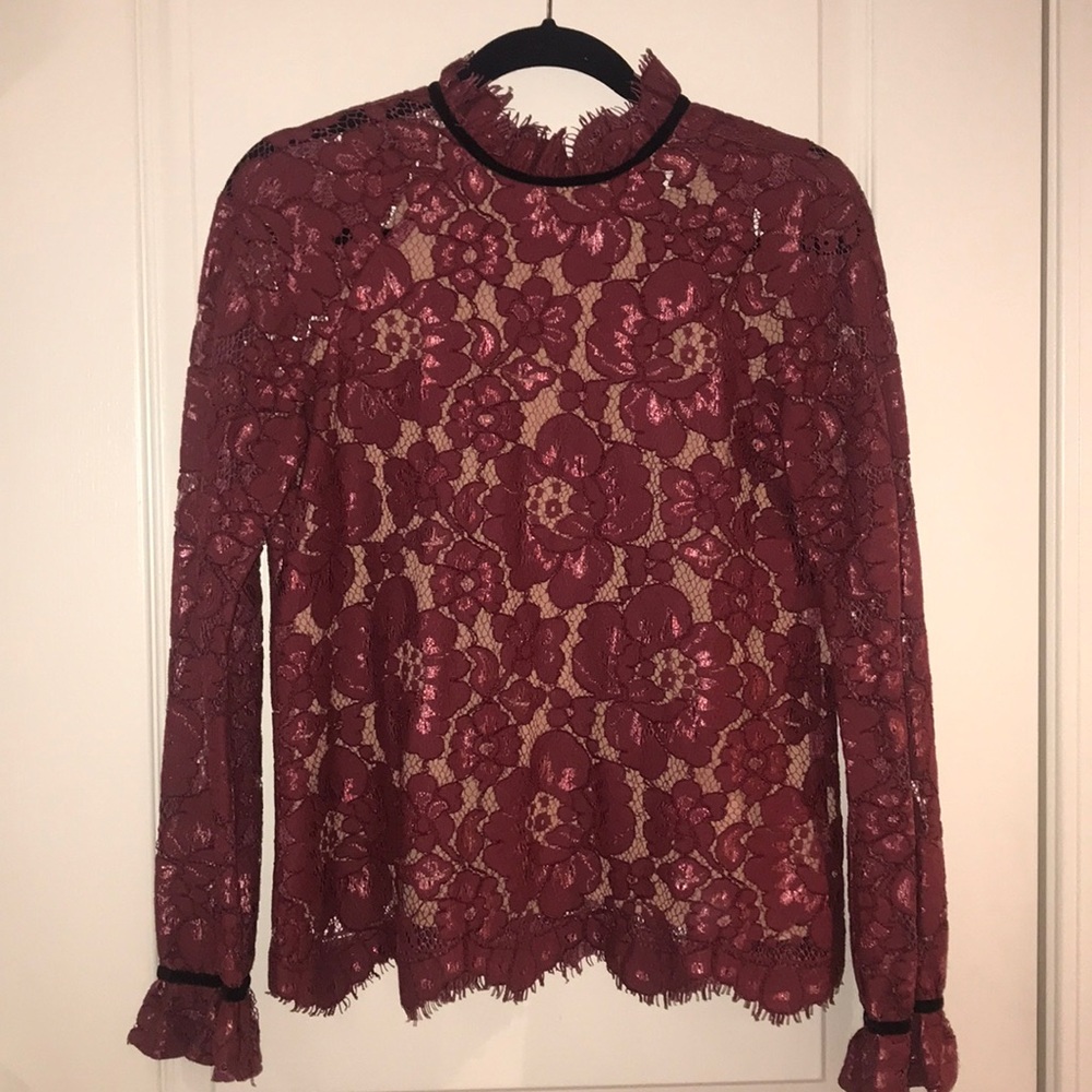 Wayf high-neck long sleeve lace blouse